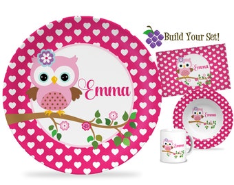 Owl Plate - Pink Heart Owl Dinner Plate, Girls Hot Pink Woodland Bird Owl Personalized Melamine Plate, You Pick Owl - Kids Name Gift