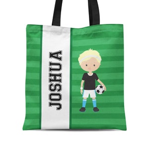 Soccer Kids Tote Bag - Green Stipes Sports Team Sack Bag, Blue Boy Soccer Player Personalized Tote Bag, You Pick Boy - Childs Name Gift