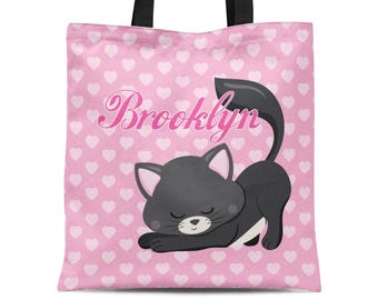 Cat Personalized Tote Bag - Pink Hearts Kitty Cat Tote Bag, Cute Sleeping Black Kitten Bag, You Pick Cat - Kids Name Gift