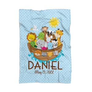 Noahs Ark Blanket - Baby Blue Noahs Ark Soft Throw Blanket Decor, Baby Animal Noahs Ark Personalized Blanket - Kids Name Gift