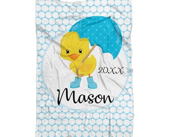 Spring Baby Blanket - Blue Dots April Showers Throw Blanket Decor, Baby Duck Personalized Baby Blanket, You Pick Animal - Kids Name Gift