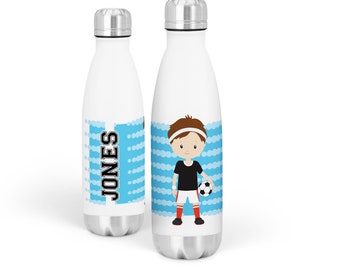 Soccer Kids Water Bottle - Blue Sports Metal Water Bottle, Boy Soccer Player Personalized Waterbottle, You Pick Boy - Childs Name Gift
