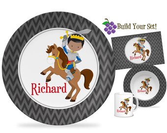 Personalized Knight Plate - Gray Chevron Royal Prince Dinner Plate Set, Brown Horse Brave Knight Plate, You Pick Boy - Kids Name Gift