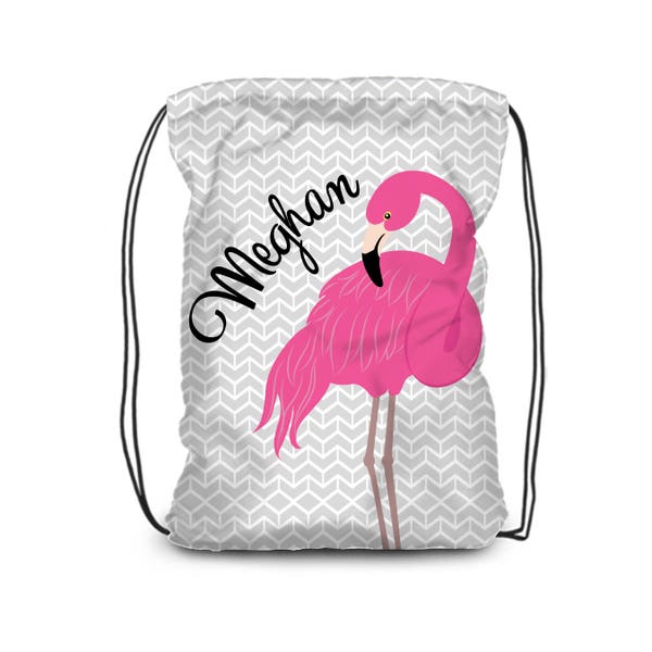 Flamingo Drawstring Backpack - Gray Chevron Flamingo Cinch Sack, Kids Hot Pink Flamingo Personalized Backpack - Childs Name Gift