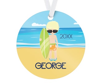 Personalized Surfer Ornament - Blue Beach Ocean Sport Holiday Decoration, Surf Board Christmas Tree Ornament, You Pick Boy - Kids Name Gift