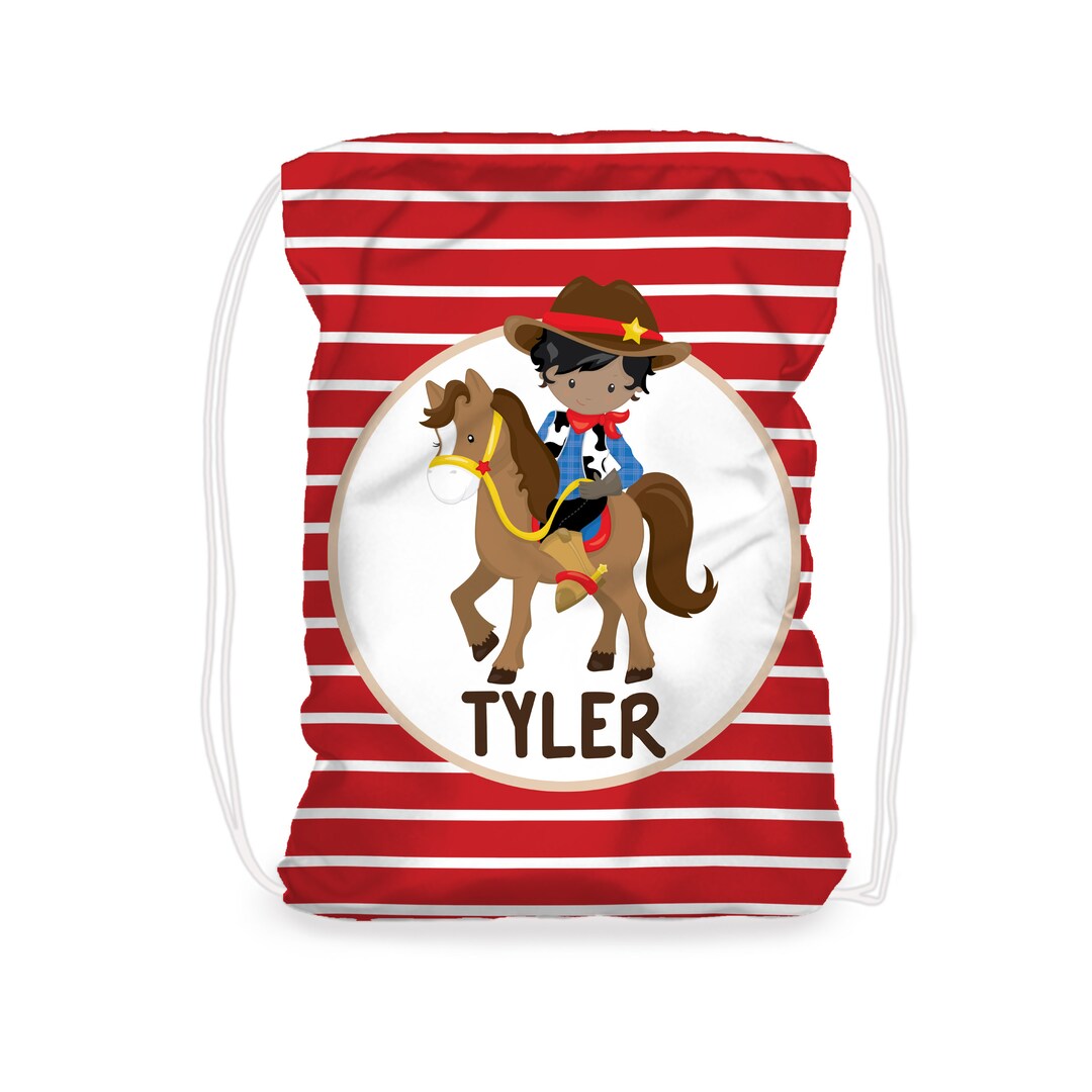 Personalized Cowboy Drawstring Backpack - Red Stripes Horse Rider Cinch ...