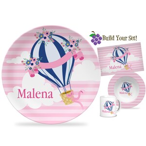 Hot Air Balloon Plate - Soft Pink Stripes Blue Balloon Dinner Plate, Flowers Puffy Cloud Hot Air Balloon Personalized Plate - Kids Name Gift