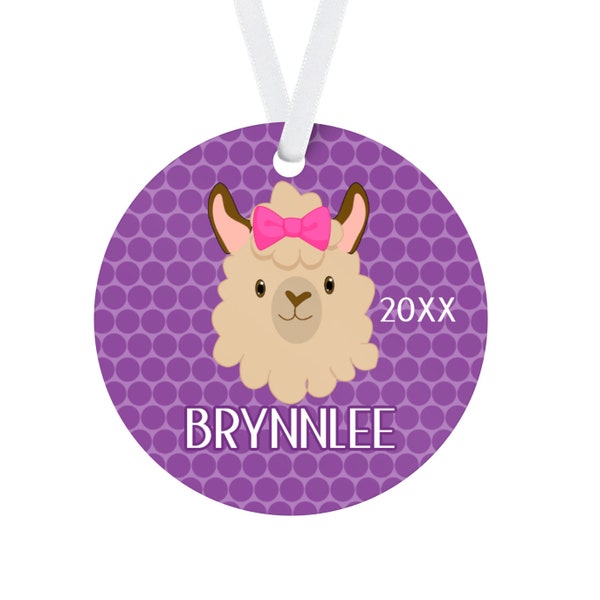 Personalized Llama Ornament - Purple Dots Alpaca Holiday Decor, Pink Bow Llama Christmas Tree Ornament, You Pick Llama - Kids Name Gift