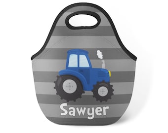 Farm Personalized Lunch Tote - Gray Stripes Farmer Snack Sack, Blue Green Farm Tractor Neoprene Lunch Bag, You Pick Tractor - Kid Name Gift