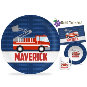 Fire Truck Plate - Navy Blue Polka Dots Firetruck Engine Dinner Plate, Kids Big Red Squad Fire Truck Personalized Plate - Childs Name Gift