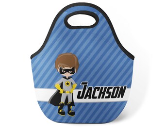 Superhero Lunch Tote - Blue Stripes Hero Snack Sack, Black Bat Super Boy Hero Neoprene Personalized Lunch Bag, You Pick Boy - Kids Name Gift