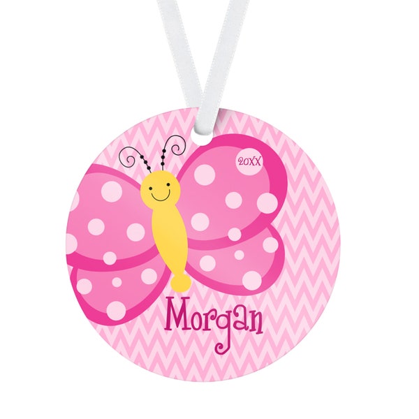 Butterfly Kids Ornament - Pink Chevron Butterfly Holiday Decoration, Fuchsia Butterfly Personalized Christmas Tree Ornament - Kids Name Gift