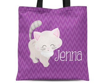 Kids Cat Tote Bag - Purple Chevron Kitty Cat Sack, Cute White Kitten Personalized Tote Bag, You Pick Cat - Childs Name Gift