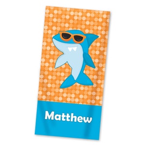 Shark Personalized Beach Towel - Orange Polka Dot Shark Lightweight Pool Towel, Kids Silly Ocean Blue Shark Bath Towel - Childs Name Gift