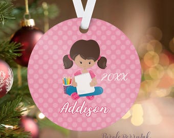 Art Ornament - Pink Polka Dots Drawing Holiday Decoration, Girl Artist Personalized Christmas Tree Ornament, You Pick Girl - Kids Name Gift