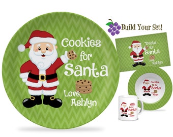 Personalized Santa Plate - Lime Geen Chevron Christmas Eve Dinner Plate, Cookies for Santa, Santa Holiday Melamine Plate - Kids Name Gift