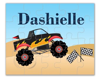 Monster Truck Personalized Puzzle - Black Checker Flag Racer Truck Puzzle, Desert Race Monster Truck Puzzle, You Pick Color - Kids Name Gift