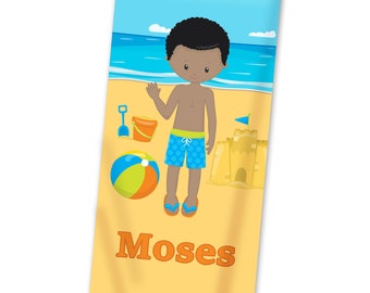 Kids Beach Towel - Boy Sandy Beach LightWeight Pool Towel, Blue Water Ocean Personalized Beach Towel, You Pick Boy - Childs Name Gift