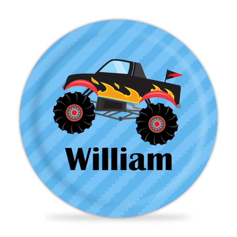 Monster Truck Personalized Plate Blue Stripes Truck Dinner Etsy