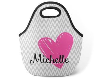 Heart Lunch Tote - Gray Chevron Heart Snack Sack, Kids Hot Pink Doodle Love Heart Personalized Neoprene Lunch Bag - Childs Name Gift
