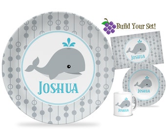 Personalized Whale Plate - Grey Dots Whale First Birthday Dinner Plate Set, Blue Baby Shower Whale Plate, You Pick Whale - Kids Name Gift