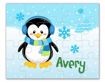 Penguin Personalized Puzzle - Snowflake Holiday Penguin Puzzle, Winter Christmas Penguin Puzzle, You Pick Penguin - Kids Name Gift