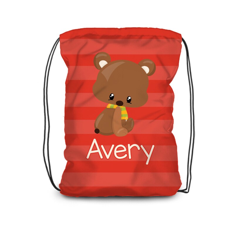 Teddy Bear Autumn Bag Red Stripe Fall Animal Cinch Sack Bear Cub Personalized Drawstring Backpack Kids Name Gift You Pick Animal