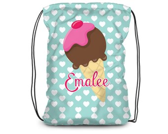 Ice Cream Drawstring Backpack - Mint Green Hearts Ice Cream Cinch Sack, Kids Dessert Ice Cream Cone Personalized Backpack - Childs Name Gift