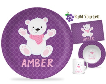 Kids Polar Bear Plate - Purple Geometric Winter Holiday Bear Dinner Plate Set, Pink Arctic Bear Animal Personalized Plate - Childs Name Gift