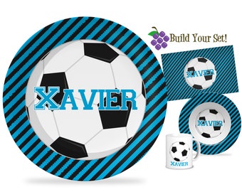 Soccer Personalized Plate - Blue Black Stripes Sport Dinner Plate, Soccer Ball Melamine Plate, You Pick Team Colors - Kids Name Gift