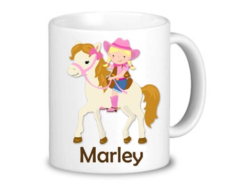 Cowgirl Personalized Mug - Pink Wild West Cowgirl Drinkware Cup, You Pick Girl, Plastic or Ceramic Kids Mug - Childs Name Gift