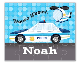 Kids Police Personalized Puzzle - Police Car, Police Helicopter, City Police Officer Chase, Blue Police Puzzle - Childs Name Gift