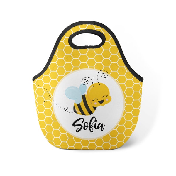 Honey Bee Personalized Lunch Tote - Golden Honey Comb Snack Sack, Yellow Happy Bumble Bee Neoprene Lunch Bag, You Pick Bee - Kids Name Gift