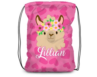 Kids Llama Drawstring Backpack - Pink Heart Alpaca Cinch Sack, Love Girl Animal Llama Personalized Bag, You Pick Llama - Childs Name Gift