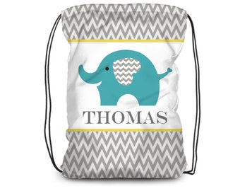 Elephant Drawstring Backpack - Gray Baby Elephant Cinch Sack, Turquoise Animal Personalized Backpack, You Pick Color - Kids Name Gift