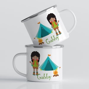 Camping Personalized Mug - Turquoise Tent Camp Drinkware Cup, Green Girl Camper Mug, You Pick Girl, Plastic Metal Ceramic - Childs Name Gift