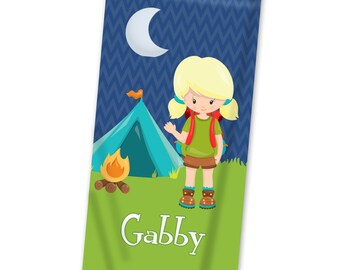 Camping Personalized Beach Towel - Blue Chevron Tent Camper Lightweight Pool Towel, Outdoor Camp Trip Towel, You Pick Girl - Kids Name Gift