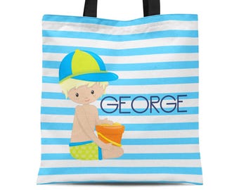 Personalized Beach Tote Bag - Blue Stripes Beach Tote Bag, Orange Sand Bucket Boy Swimmer Beach Bag, You Pick Boy - Kids Name Gift Bag