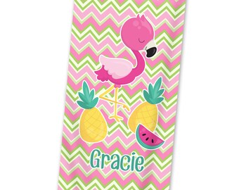 Personalized Pineapple Beach Towel - Pink Lime Chevron Pineapple Flamingo Lightweight Pool Towel, Pink Flamingo Bath Towel - Kids Name Gift