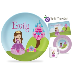 Kids Princess Plate - Pink Fairytale Castle Dinner Plate, Cute Little Royal Princess Personalized Plate, You Pick Girl - Child Name Gift