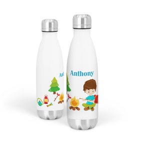 Camping Water Bottle - Red Camp Fire Metal Water Bottle, Blue Outdoor Boy Camper Personalized Water Bottle, You Pick Boy - Childs Name Gift