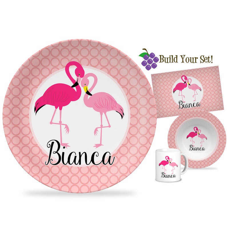 Flamingo Plate Hot Pink Love Birds Flamingo Dinner Plate, Coral Circles Tropical Bird Pink Flamingo Personalized Plate Kids Name Gift image 1