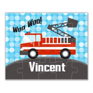 Fire Truck Puzzle - Blue Polka Dots Fire Fighter Truck Puzzle, Little Red Firetruck Engine Personalized Puzzle - Kids Name Gift