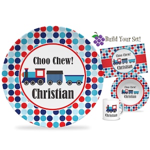 Kids Train Personalized Plate - Red Blue Polka Dot Train Engine Dinner Plate Set, Turquoise Cute Little Train Car Plate - Childs Name Gift