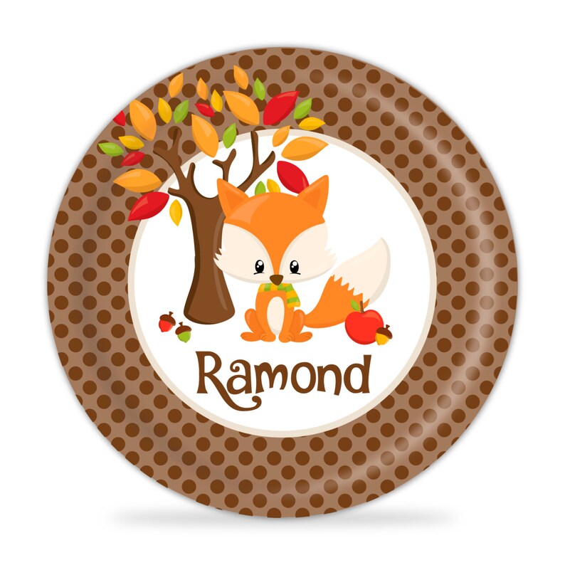 Personalized Fall Fox Plate Brown Dots Fox Thanksgiving Dinner Plate Kids Name Gift You Pick Animal Autumn Animals Melamine Plate