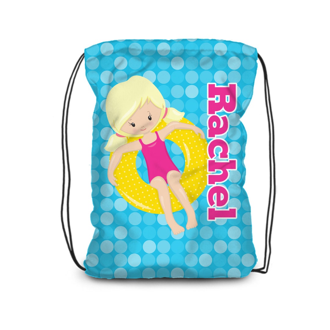 Personalized Pool Drawstring Backpack - Blue Polka Dot Swimming Pool ...