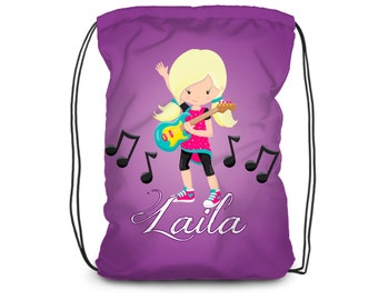 Kids Rock Star Drawstring Backpack - Purple Guitar Cinch Sack, Music Notes Rock Band Personalized Bag, You Pick Girl - Childs Name Gift