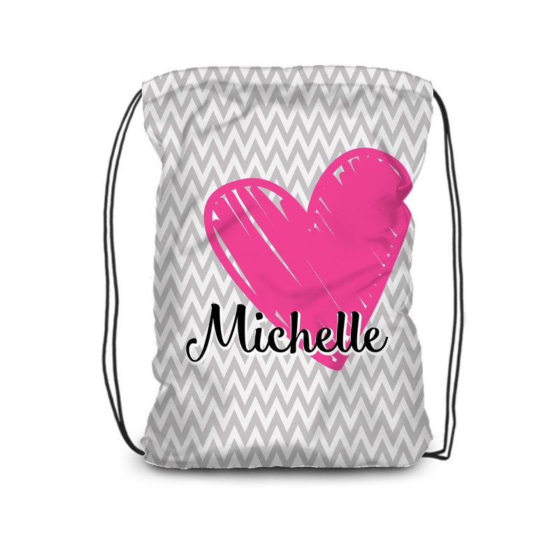 Personalized Heart Drawstring Backpack Grey Chevron Hot Pink Etsy