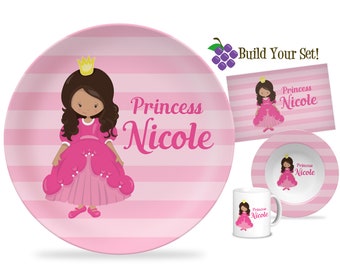 Pink Princess Plate: Royal Gold Crown Fairytale Personalized Dinnerware Set - Kids Custom Name Gift