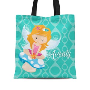 Fairy Tote Bag - Teal Geometric Fairytale Bag Sack, Kids Pink Mushroom Magic Fairy Personalized Tote Bag, You Pick Girl - Childs Name Gift